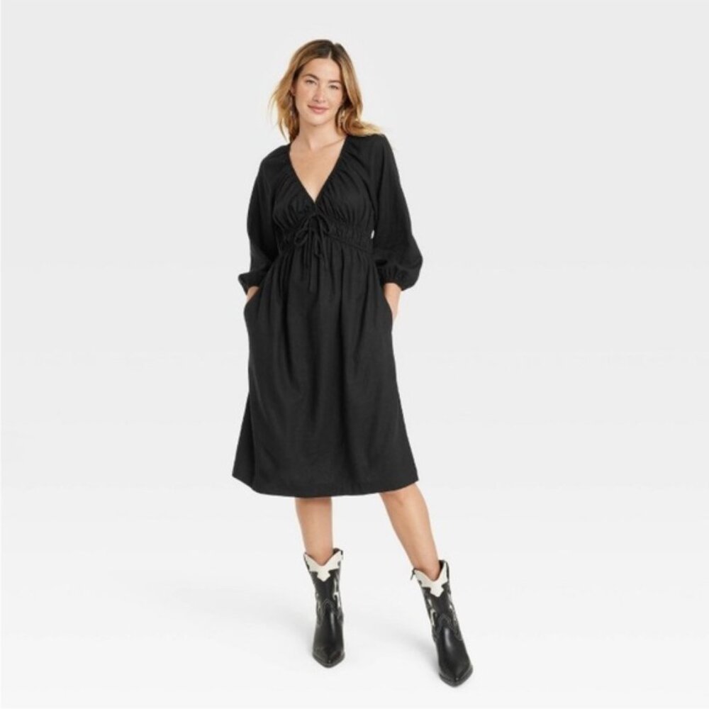 NWT Black Tie-Front 3/4 Puff Sleeve Midi Dress - Small